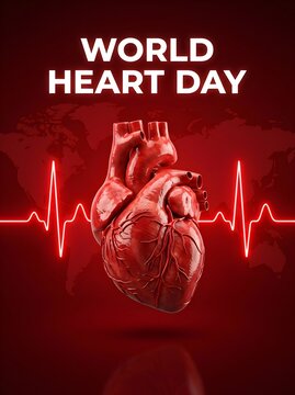 World Heart Day medical poster, realistic human heart organ on red background, cardiovascular health awareness concept with heartbeat line
