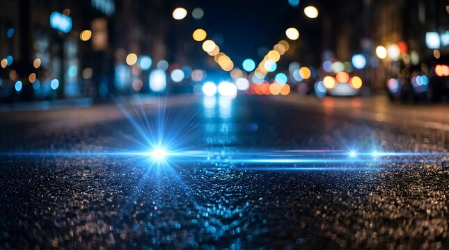 Cinematic night city street with blue lens flare, wet asphalt road with bokeh traffic lights, urban evening background with glowing light effects