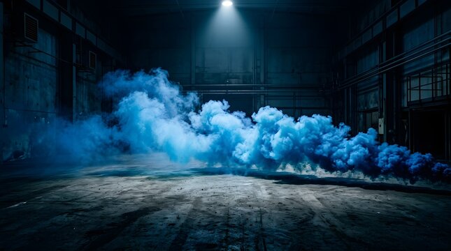 Cinematic blue smoke trail in dark industrial warehouse, dramatic vapor cloud on concrete floor, moody atmosphere with spotlight in empty hangar