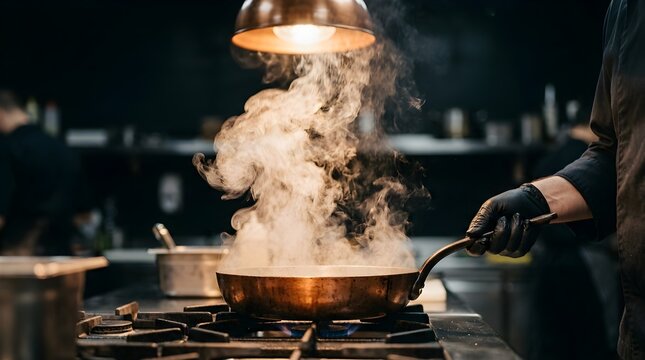 Professional chef cooking with hot frying pan, thick steam rising from copper skillet in restaurant kitchen, culinary art and food preparation