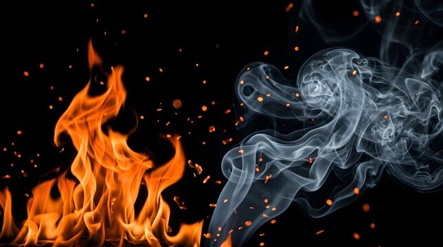 Cinematic fire and smoke background, orange burning flames with white smoke swirls, glowing sparks and embers on black background