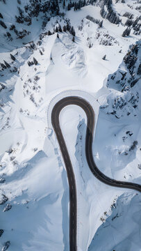 A wide hairpin road cuts across a snow-covered mountain slope, forming a strong geometric curve surrounded by evergreen trees and untouched winter snow.