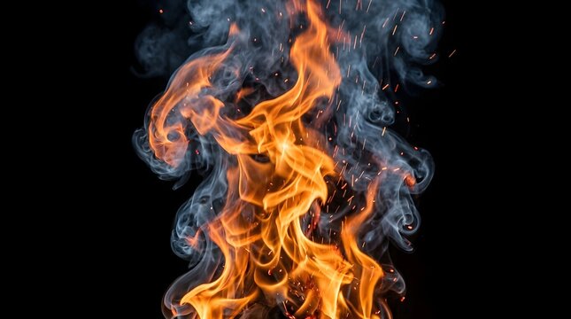 Dynamic fire flames with thick smoke on black background, intense orange blaze and gray wisps, dramatic heat and combustion effect