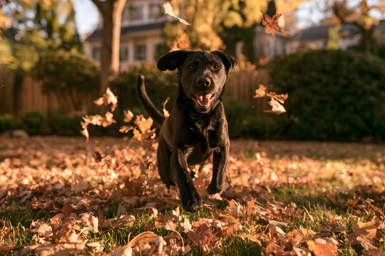 Happy Dog Running Through Colorful Autumn Leaves in Backyard