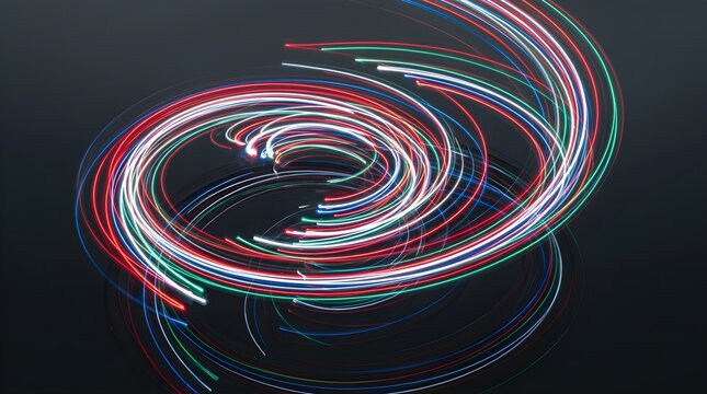 Dynamic light trails in circular motion, abstract glowing fiber optic lines on dark background, futuristic energy swirl with neon speed effects