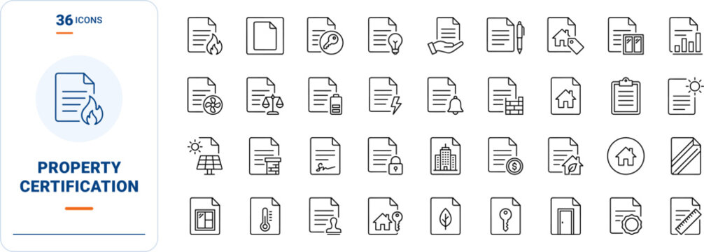 Epc Certificate Sale Web Icon Set in Linear Style. Collection of property energy line icons, including audit, efficiency, property sale, rating, real estate, compliance.