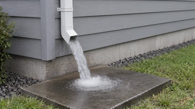Downspout gushing rainwater onto a concrete splash block beside grey house siding