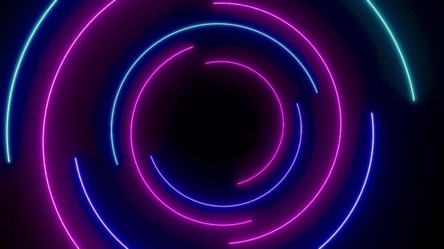 Glowing neon circular arcs form a modern spiral composition vibrant magenta cyan light, futuristic intros, entertainment backgrounds, digital presentations, abstract stylish visual design projects.