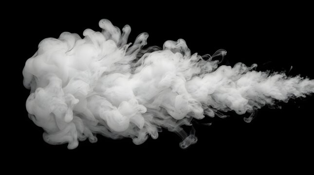 White smoke plume on black background, thick vapor cloud texture, swirling steam trail for overlay effects, cinematic gas explosion mist