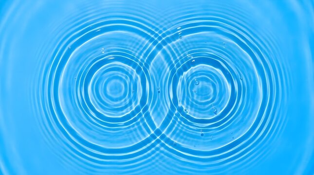 Concentric water ripples on blue liquid surface, abstract circular wave patterns in pool, overhead view of symmetrical water drop impact