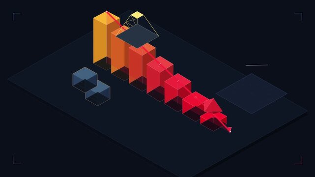 Pixelated bar chart showing downward trend with red arrow and abstract shapes, motion graphic