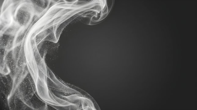 Ethereal white smoke swirls on black background, cinematic steam vapor with floating particles, abstract wispy cigarette smoke texture