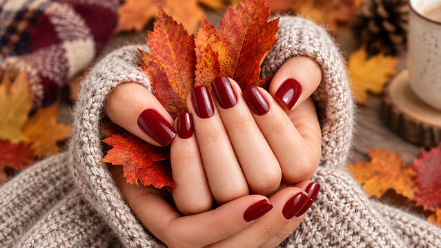 Cozy Autumn Self Care with Burgundy Manicure and Pedicure in Warm Seasonal Setting