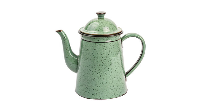 Vintage classic green metallic steel tea kettle coffee pot isolated on transparent background.