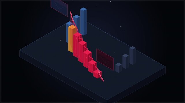 Isometric pixel art bar chart showing financial data decrease, stock market decline, digital analytics loop