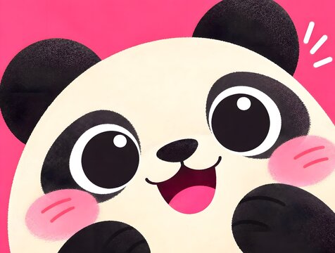 Cute Panda Face Close Up Cartoon Illustration on Bubblegum Pink Background