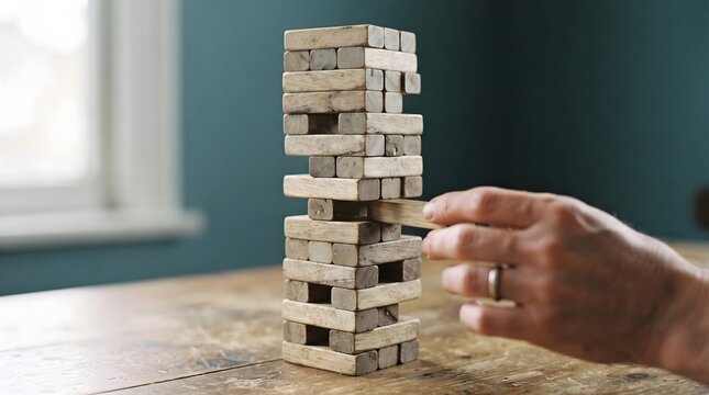 A person carefully pulling a wooden block from a tower in a dramatic dark room silhouette