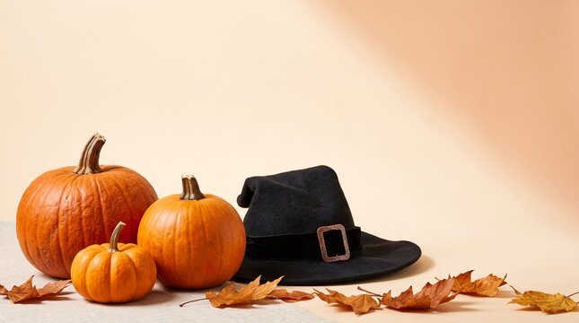 Halloween witch hat and pumpkins with leaves