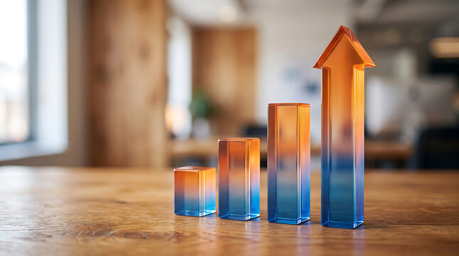 A series of glass bar charts with an upward arrow standing on a wooden office desk surface