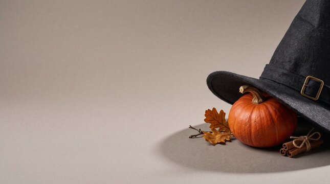 Halloween witch hat pumpkin and autumn leaves on gray
