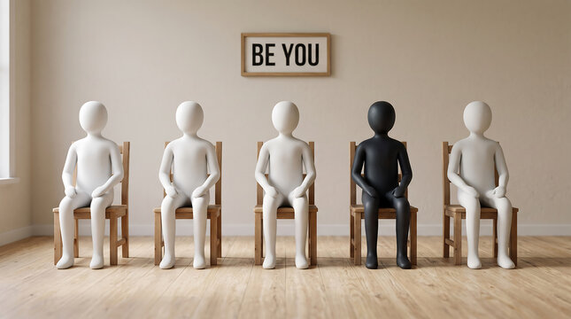 Five human figurines sitting on wooden chairs in a row with one dark figure being different