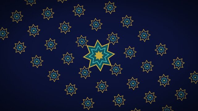Rotating islamic eight point star pattern in gold and teal