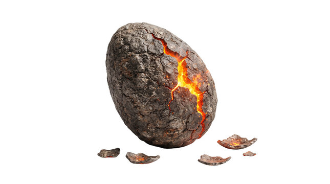 Cracked dinosaur egg with glowing lava interior, prehistoric dragon egg with stone texture, hatching fantasy creature egg on white background
