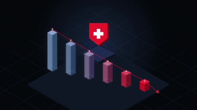 Pixelated bar chart showing a downward trend with a protective shield symbol, representing data decline and security.
