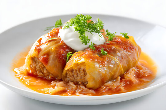 Delicious Stuffed Cabbage Rolls Topped with Cream and Fresh Herbs