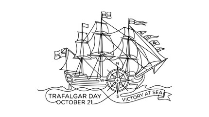 Trafalgar Day Sailing Ship Illustration with Compass Rose and Banner © Ellaut