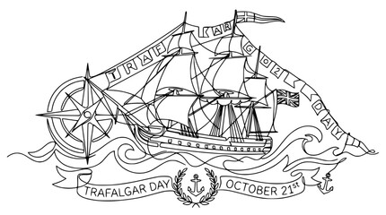 Trafalgar Day Sailing Ship Illustration with Compass Rose and Nautical Banner © Ellaut
