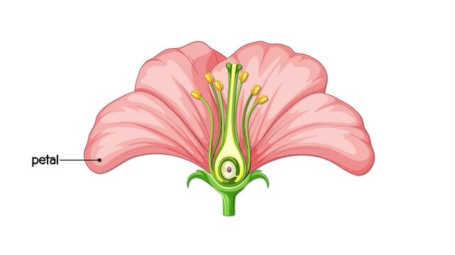 Animated diagram of flower anatomy showing petals sepals stamens and pistil on white background.