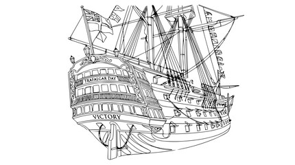 Outline of HMS Victory sailing ship, black ink sketch on white background, isolated © Ellaut