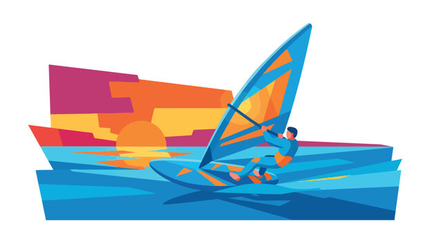 Windsurfer Riding Ocean Waves Sunset