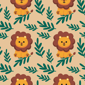 Hand drawn cute cartoon lion seamless pattern