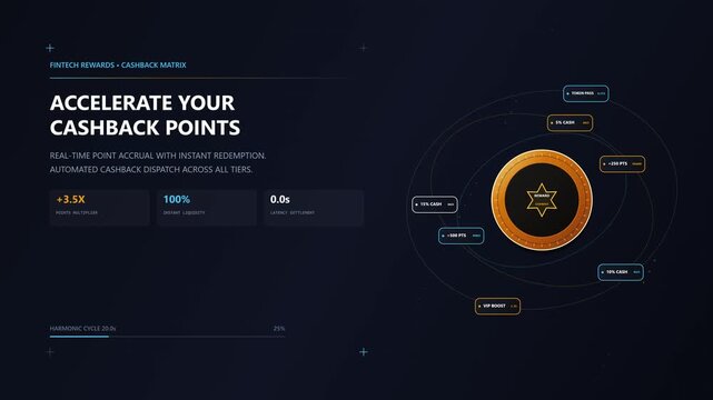Digital reward points and cashback vortex animation with rotating coins, bonus indicators and loyalty value motion, modern graphic with Open Copy Space Area for branding or promotional text