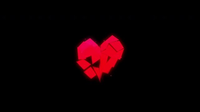 Abstract red broken heart shape disintegrating into digital particles, symbolizing loss and digital decay