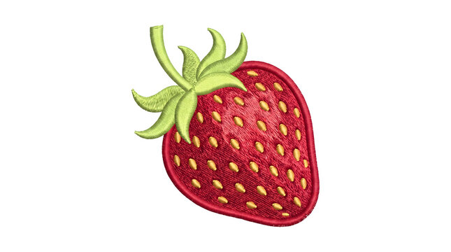 Embroidered strawberry motif with red fruit, green leaves and yellow seed details displayed against a white or transparent background