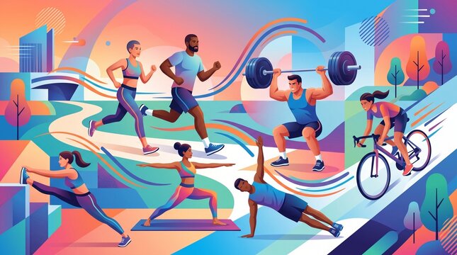 Diverse Group Performing Outdoor Fitness Activities Including Running, Cycling, Weightlifting, Yoga and Bodyweight Workouts