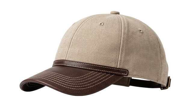 Stylish beige canvas baseball cap with a brown faux leather brim and strap detail, isolated on transparent background