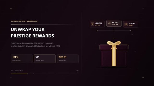 Luxe seasonal reward box animation with elegant gift presentation, rising sparkles and premium celebration accents, loyalty motion graphic with Open Copy Space Area for branding or promotional text