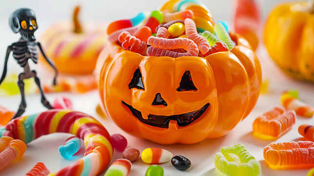 Standalone still life of a smiling orange pumpkin bucket overflowing with delicious gummy candies and a skull