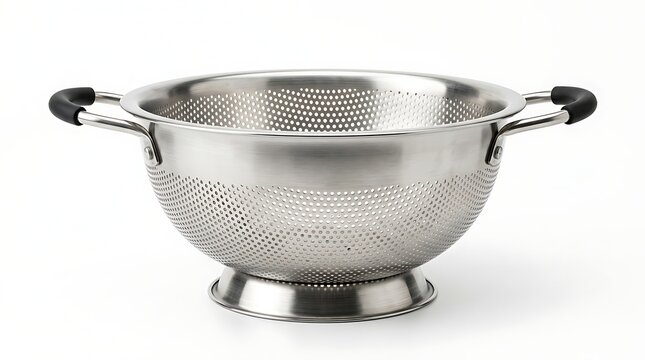 Stainless steel kitchen colander with black handles centered on a clean white background