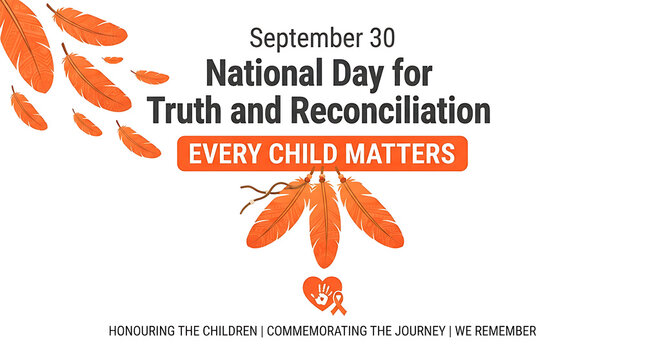 EVERY CHILD MATTERS" in white, with three orange feathers at the top left, a small orange ribbon with a heart beneath, and "HONOURING THE CHILDREN | COMMEMORATING THE JOURNEY | WE REMEMBER."