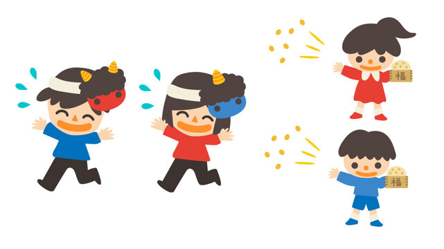 節分　豆まきをする男性女性と子どもたち　ベクターイラスト