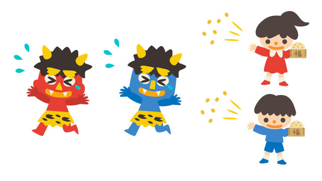 節分　豆まきをする子どもたちと赤鬼青鬼　ベクターイラスト