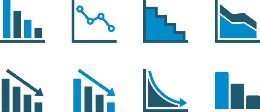Financial Loss and Downward Trend Chart Icon Set with Blue Declining Graphs Arrows and Bar Diagrams for Business Recession Data Analysis Vectors