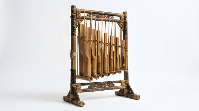 Traditional Indonesian Angklung musical instrument made from bamboo on a wooden frame.