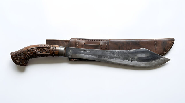 Traditional handcrafted Filipino bolo knife with wooden sheath on white background.
