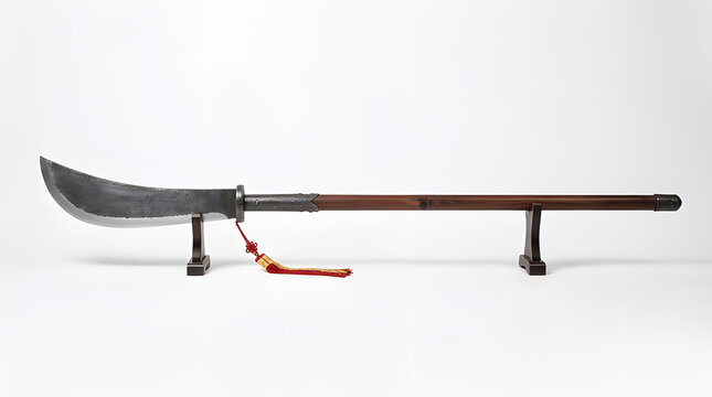 Traditional Chinese Guan Dao Pole Weapon Isolated on White Background.